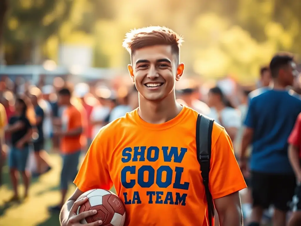 A vibrant photograph showcasing a person wearing a SHOW COOL LA TEAM branded t-shirt while participating in a community event, highlighting the merchandise's connection to the organization's activities.