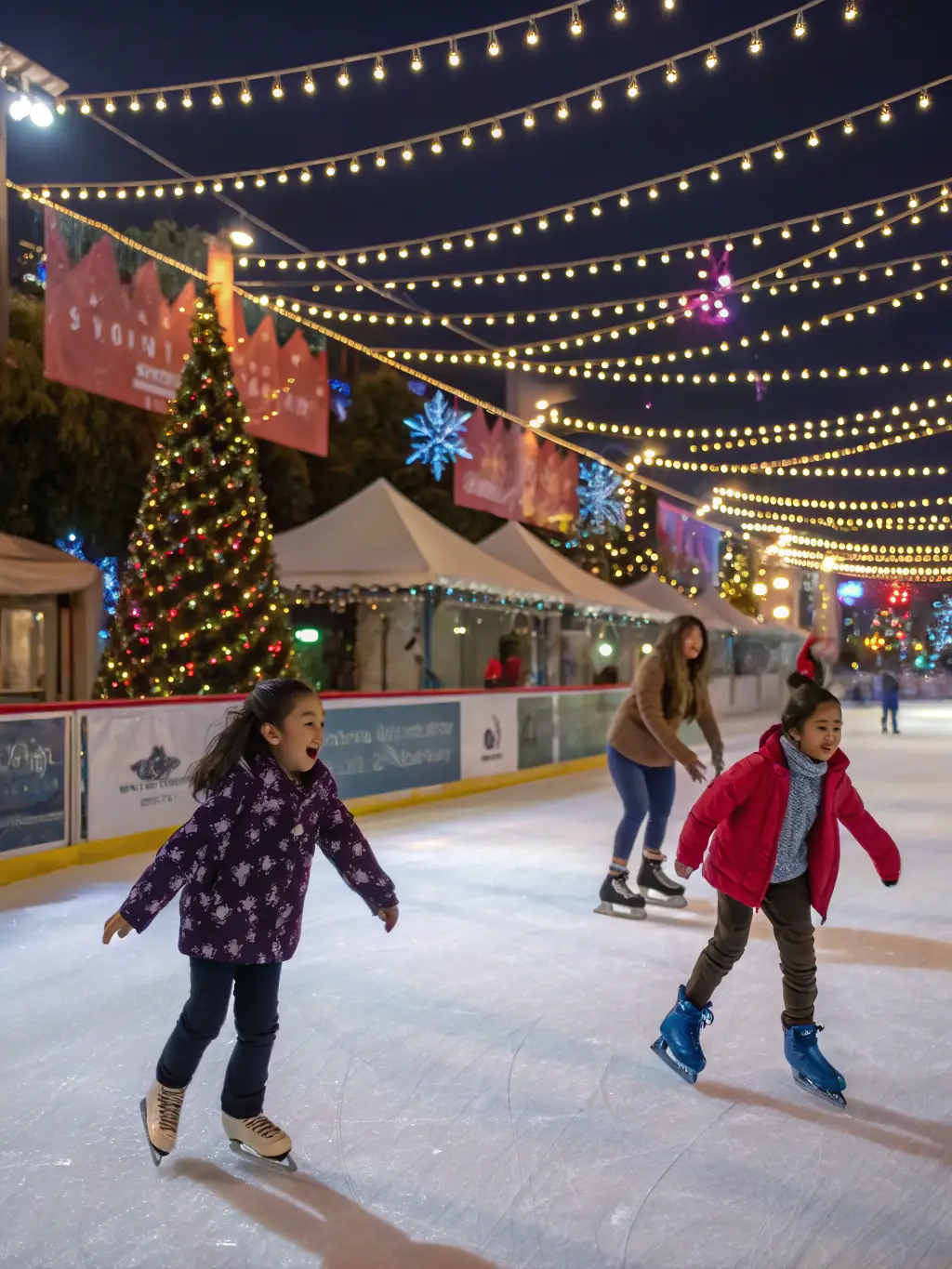 A heartwarming photo of a winter holiday festival organized by SHOW COOL LA TEAM, showing families enjoying activities like ice skating, carol singing, and a Christmas tree lighting ceremony.