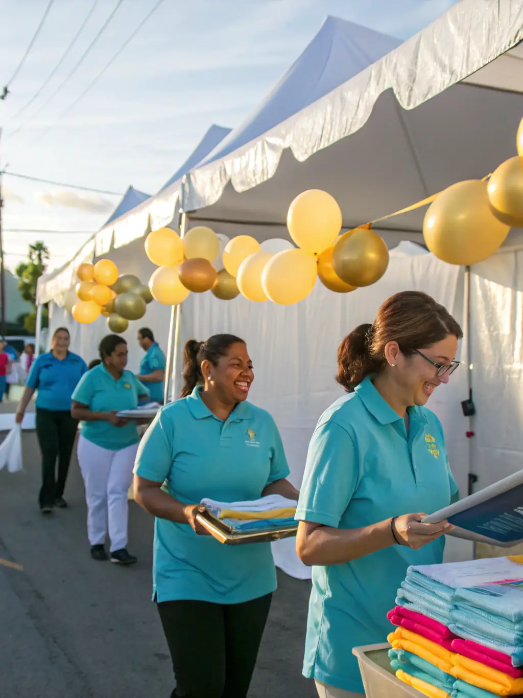 A picture of volunteers setting up for a festive event organized by SHOW COOL LA TEAM, highlighting the community involvement and festive atmosphere.