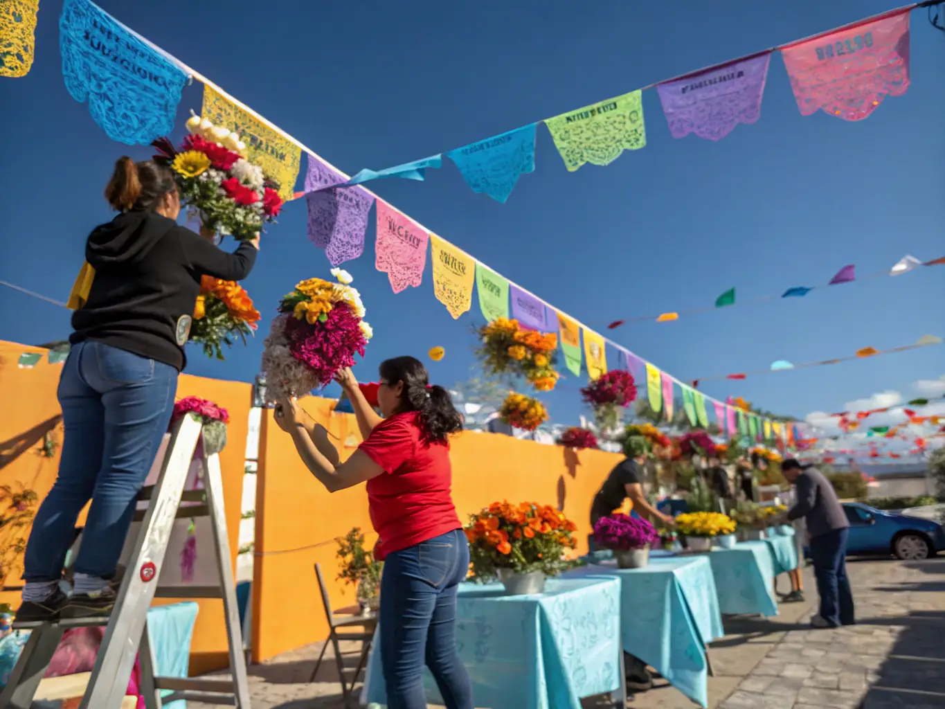 An image of a group of volunteers setting up for a recreational event, showcasing the collaborative spirit of SHOW COOL LA TEAM. The scene highlights the organization's commitment to community engagement.