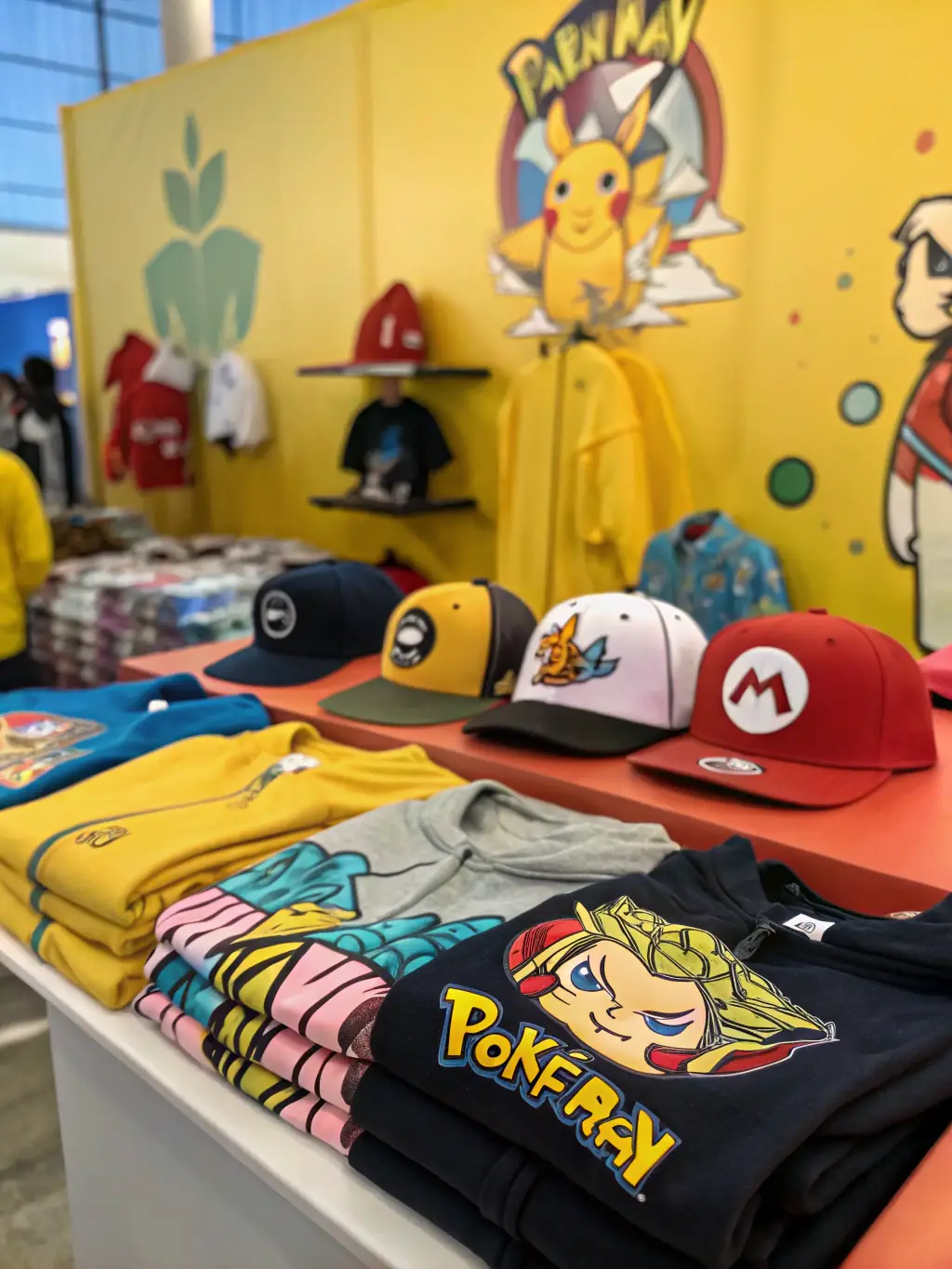 A display of colorful T-shirts, caps, and accessories featuring the SHOW COOL LA TEAM logo, representing the Merchandise Distribution service.