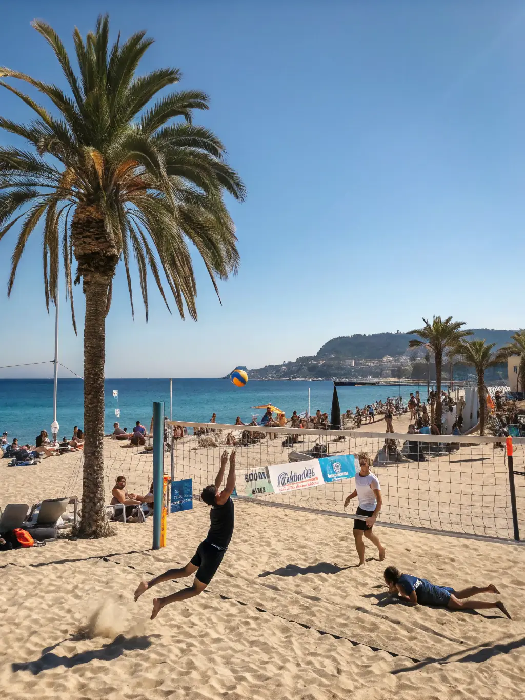 A lively image of a summer beach volleyball tournament organized by SHOW COOL LA TEAM, featuring teams competing on the sand with music, food stalls, and a festive atmosphere.