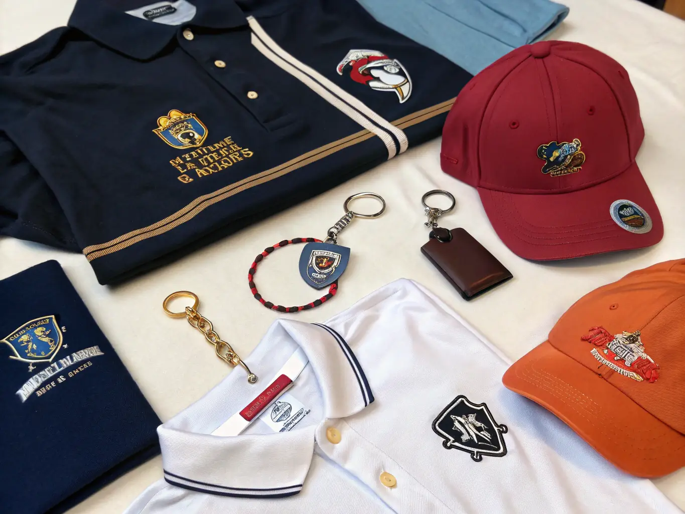 A visually appealing image of various SHOW COOL LA TEAM accessories, such as keychains and wristbands, displayed on a table at a community event.