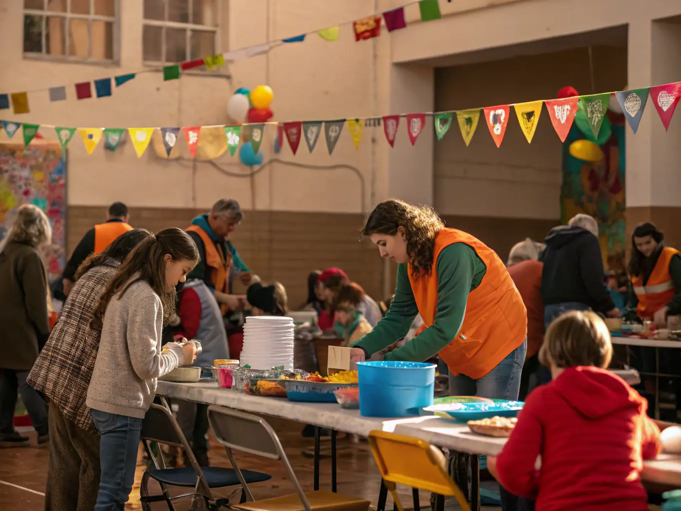 A vibrant image of volunteers assisting at a SHOW COOL LA TEAM sporting event, showcasing community spirit and active participation.