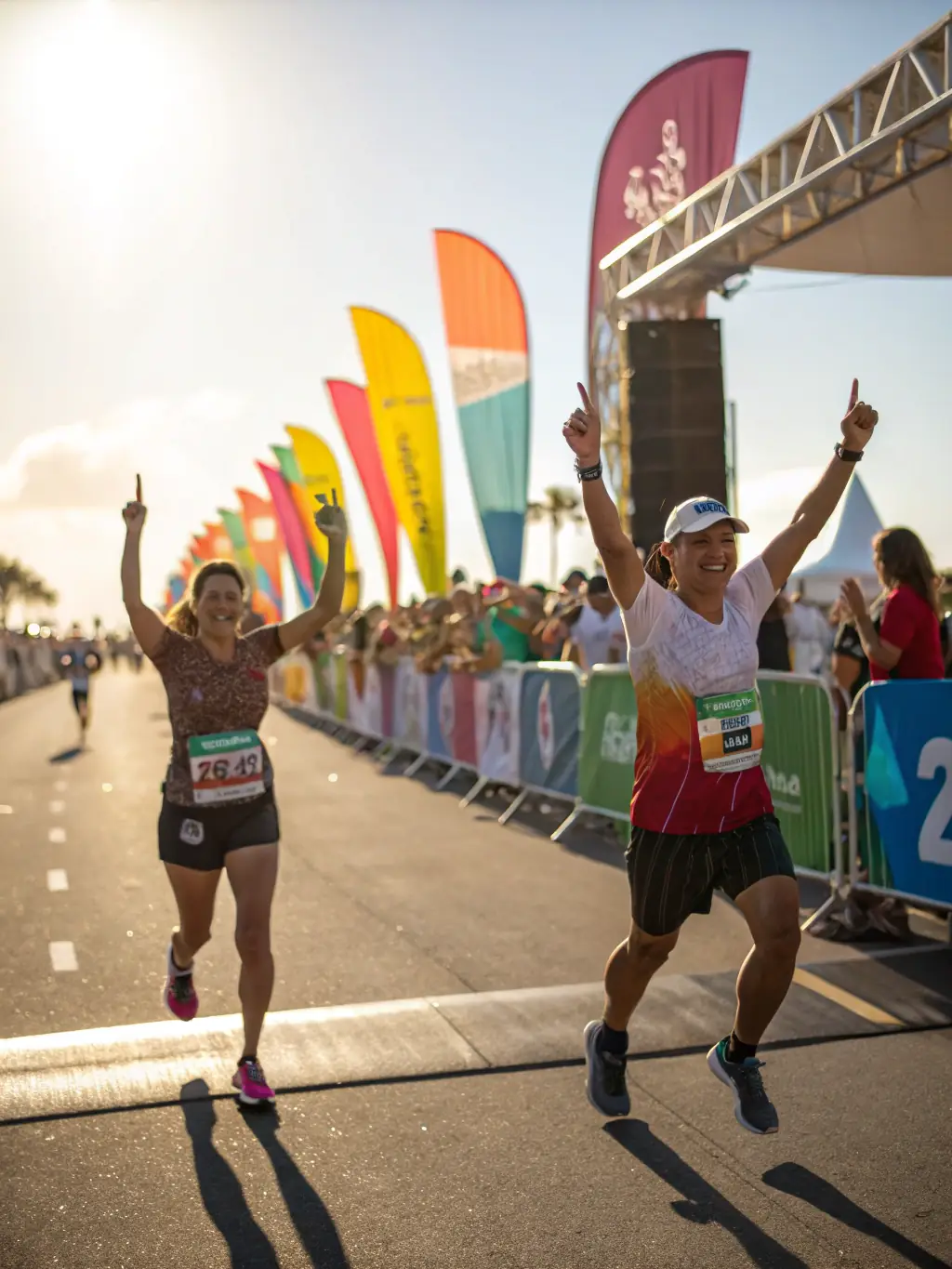 A vibrant photograph capturing the excitement of a local marathon event organized by SHOW COOL LA TEAM, showcasing runners of all ages and abilities crossing the finish line with cheering spectators in the background.